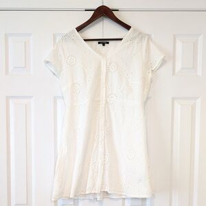 100% Cotton Y2K Vintage Eyelet Floral Embroidered White Button Up Dress Size L